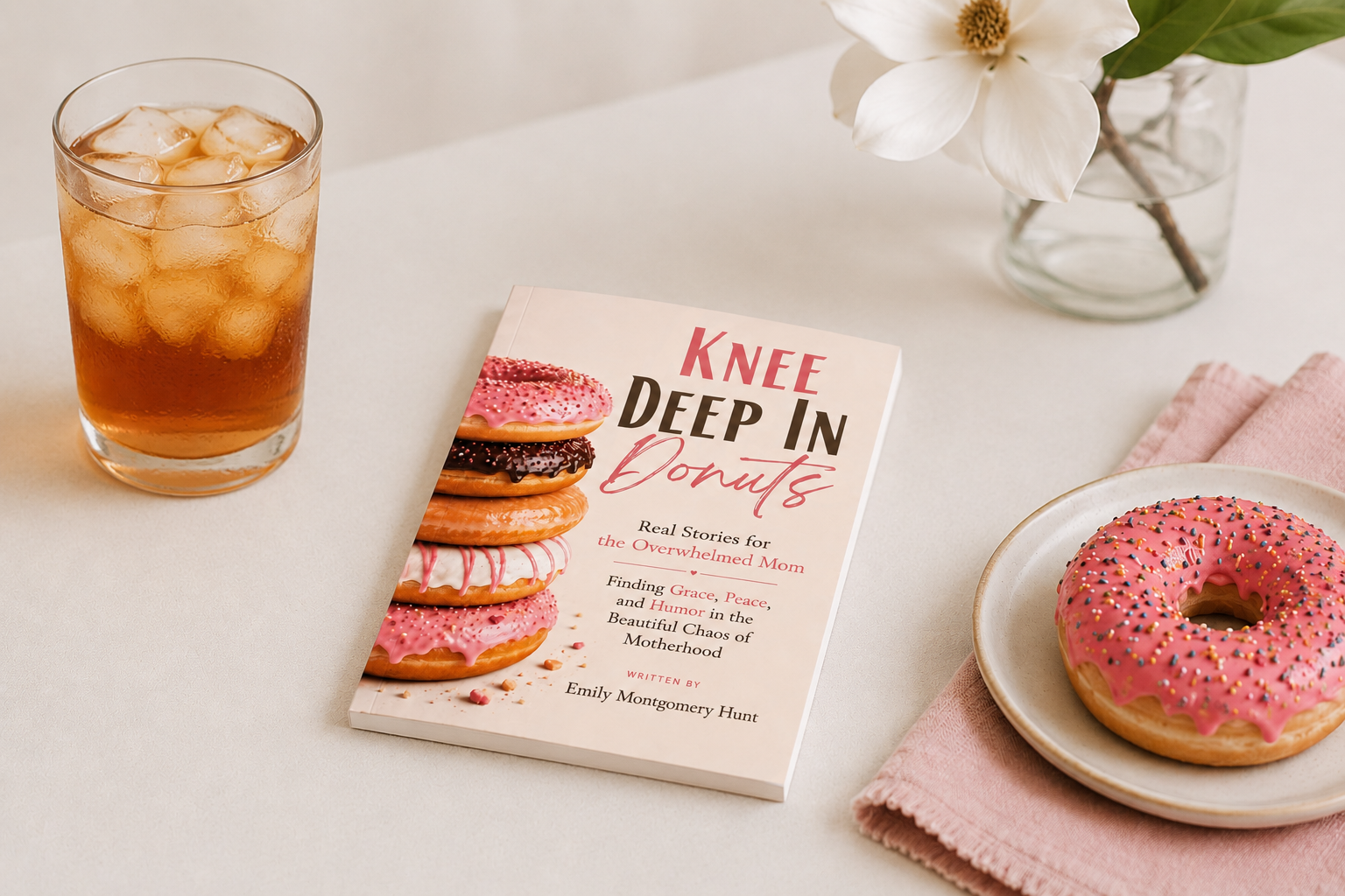 Knee Deep in Donuts book on the counter with an iced donut and a glass of ice tea.